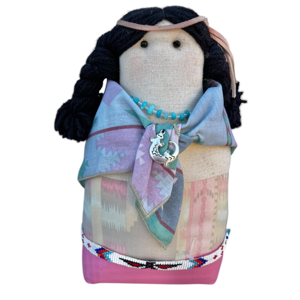 Signed by Kathy Handcrafted 12" Native American Wini Doll W/ bead necklace